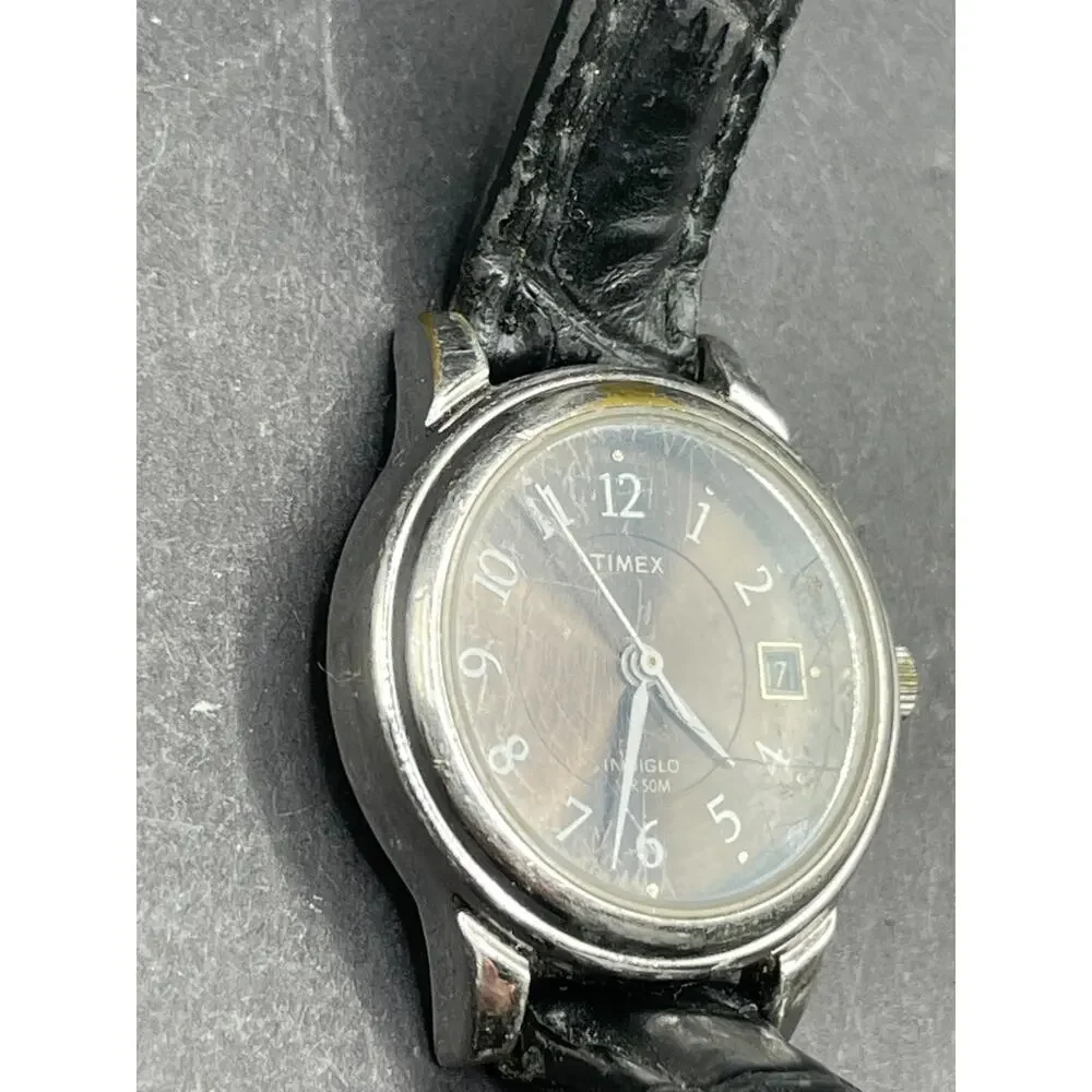 Timex Watch Women IndigloWR 50M 26mm Silver Tone Gray Dial Date Leather Band
